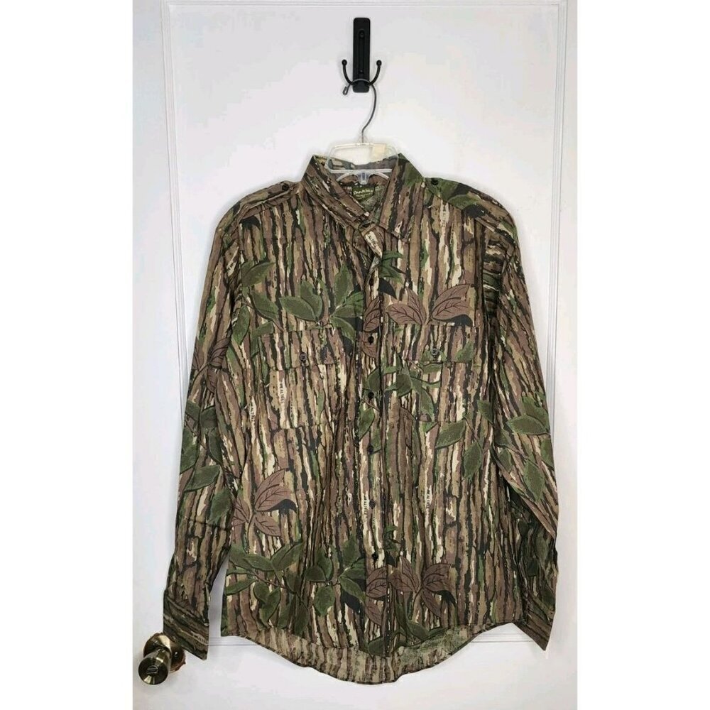 Spartan Real Tree Shirt Y2K USA Camo Army Button Down Top Green Mens Medium